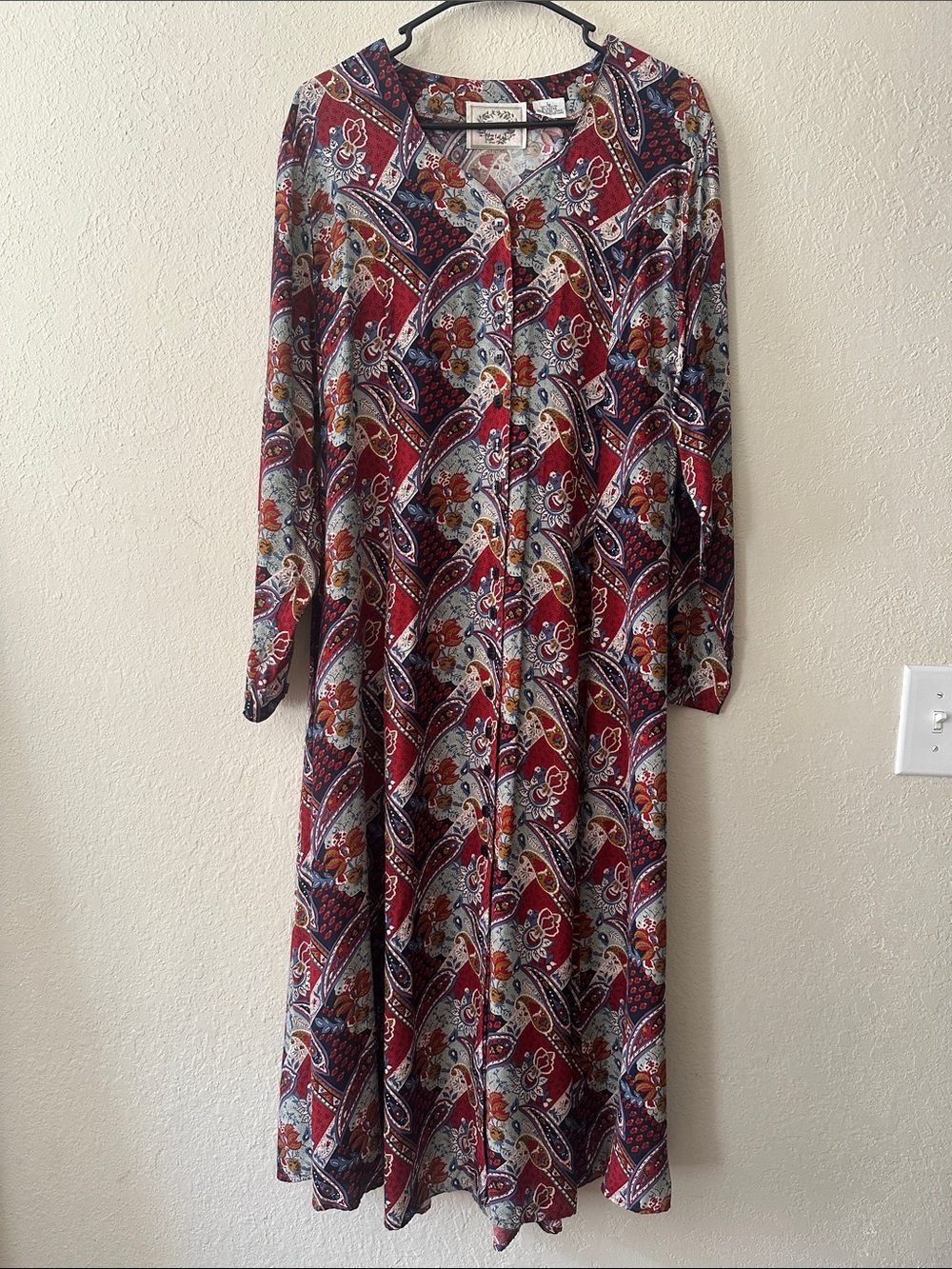 Vintage Erika Burgundy Paisley Button-Front Lace-Up Back Long Sleeve Maxi Dress - Picture 3 of 16